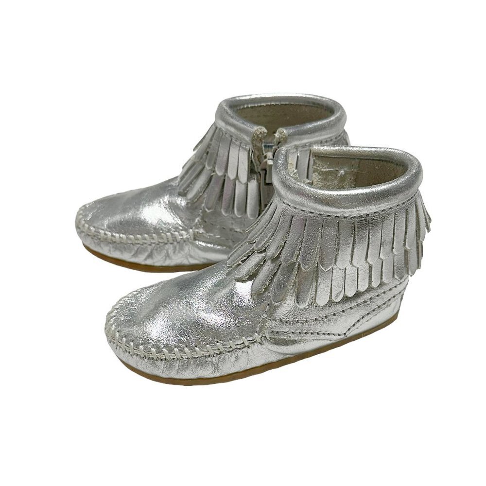 Minnetonka Kids Double Fringe Side Zip Moccasin Boots Metallic Silver